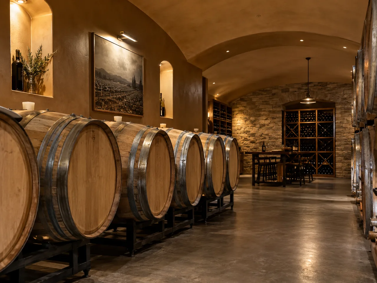 Wine cellar with oak barrels, plastered walls and a vaulted ceiling