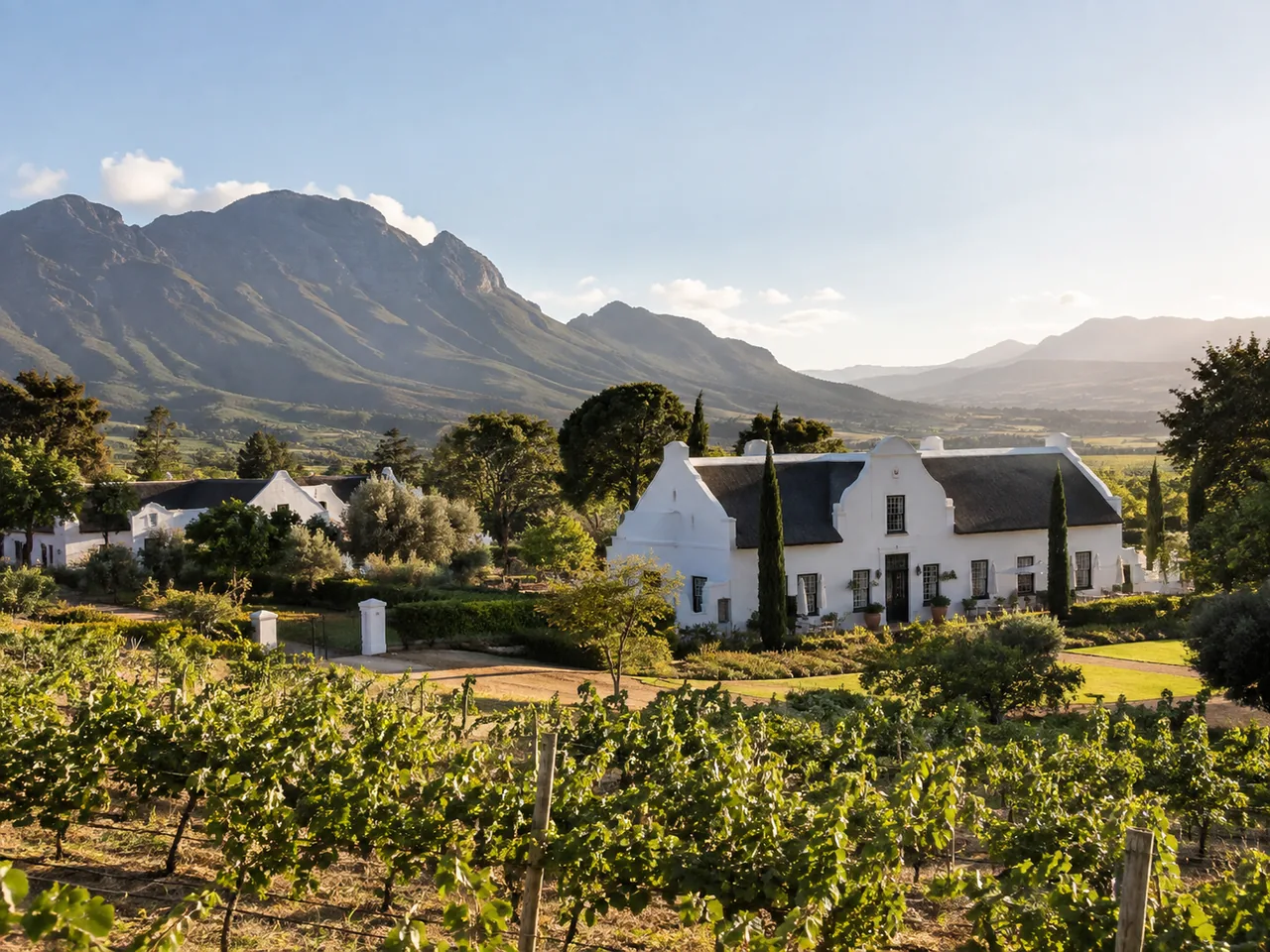 Cape-style wine estate buildings surrounded by vineyards